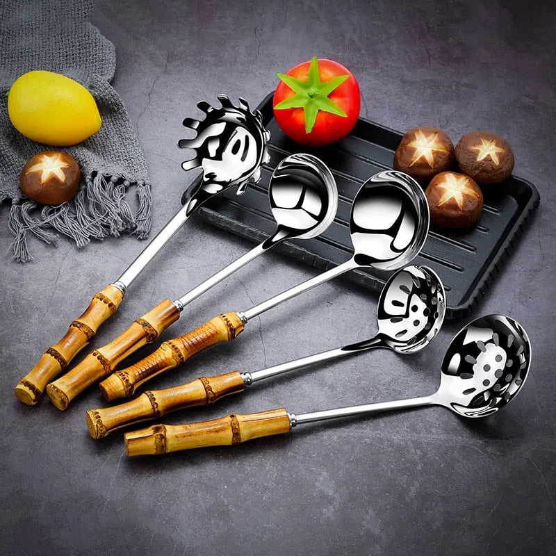 Utensílios de Cozinha em Aço Inox e Cabo em Bambu Natural-Kasamô