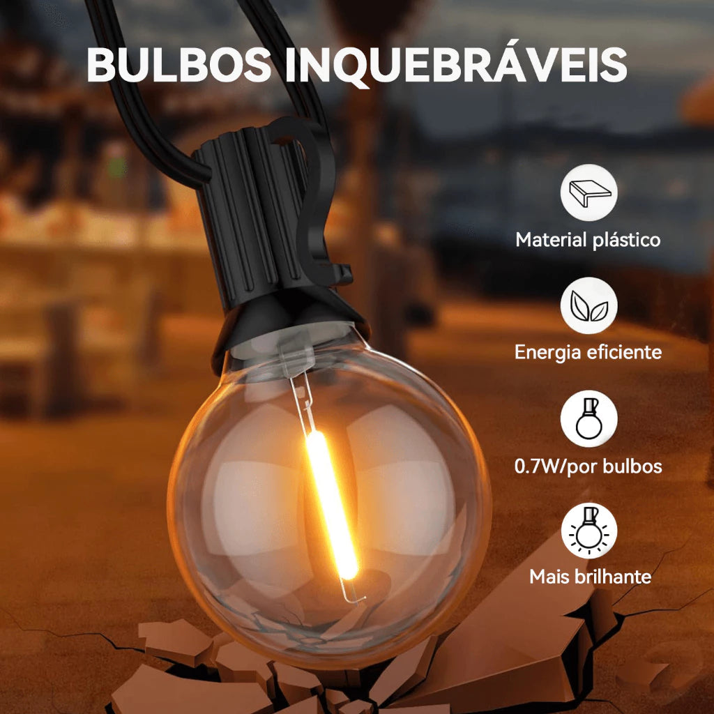 Varal de Luzes Solar com Lâmpadas Arredondadas Kasamô - Ilumine Exteriores