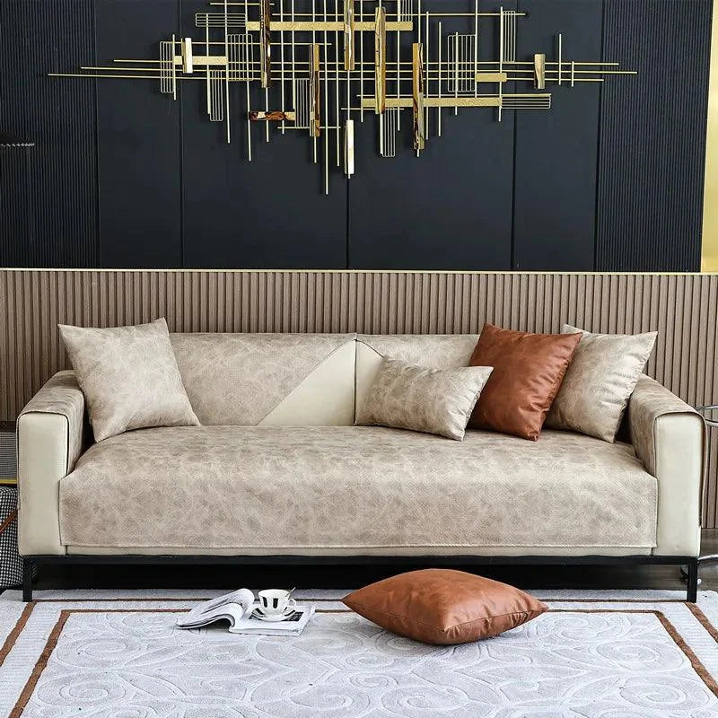 Capa de Sofá Moderno de Couro PU Prova de Água Antiderrapante Bege