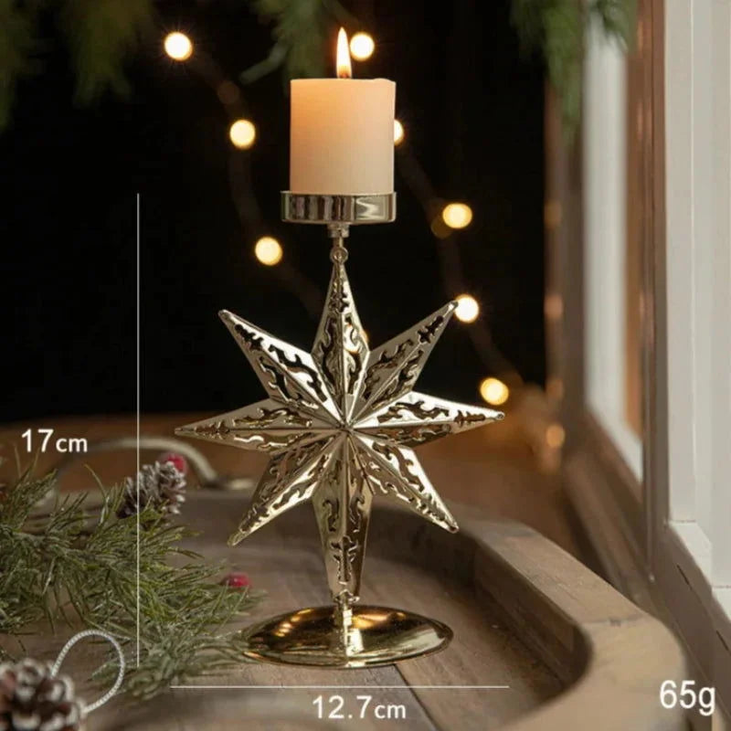 Castiçal de Ferro Dourado com Estrela e Rena Decoração Natal Kasamô