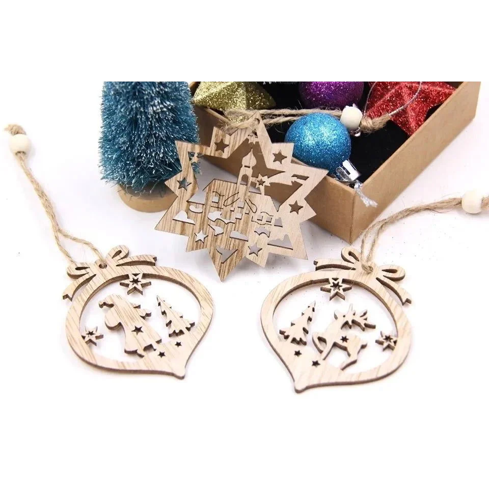 Pingentes de Natal Rústicos em Madeira 12 Unidades para árvore Kasamô