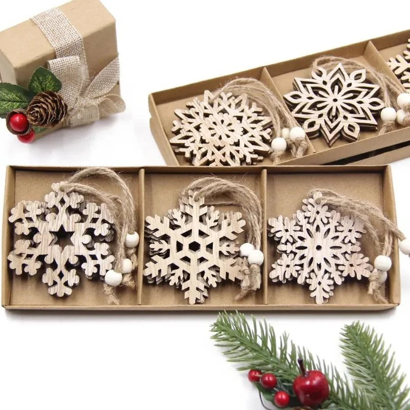 Pingentes de Natal Rústicos em Madeira 12 Unidades para árvore Kasamô