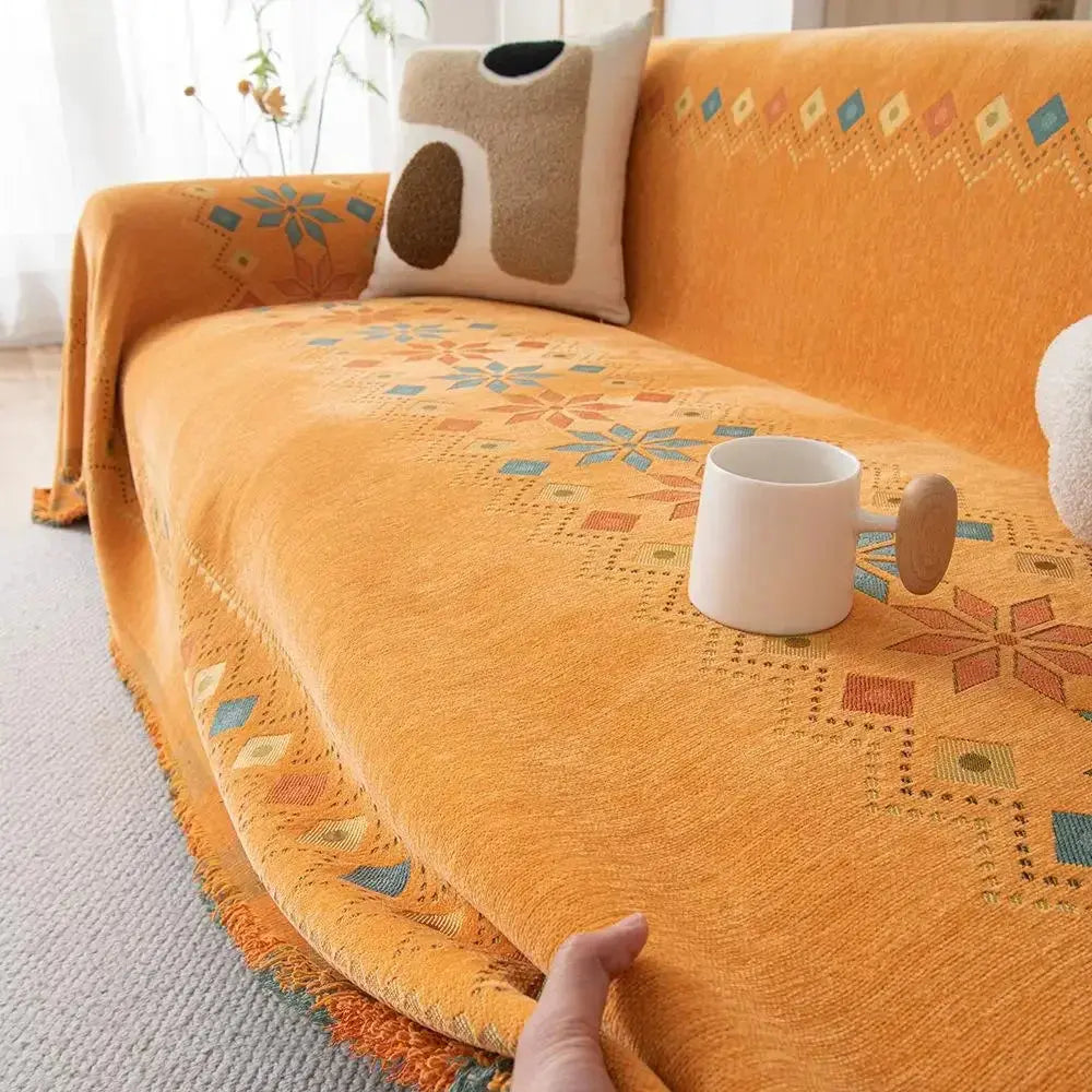 Capa de Sofá Decorativa Boho 100% Poliéster com Estampa Étnica e Franjas