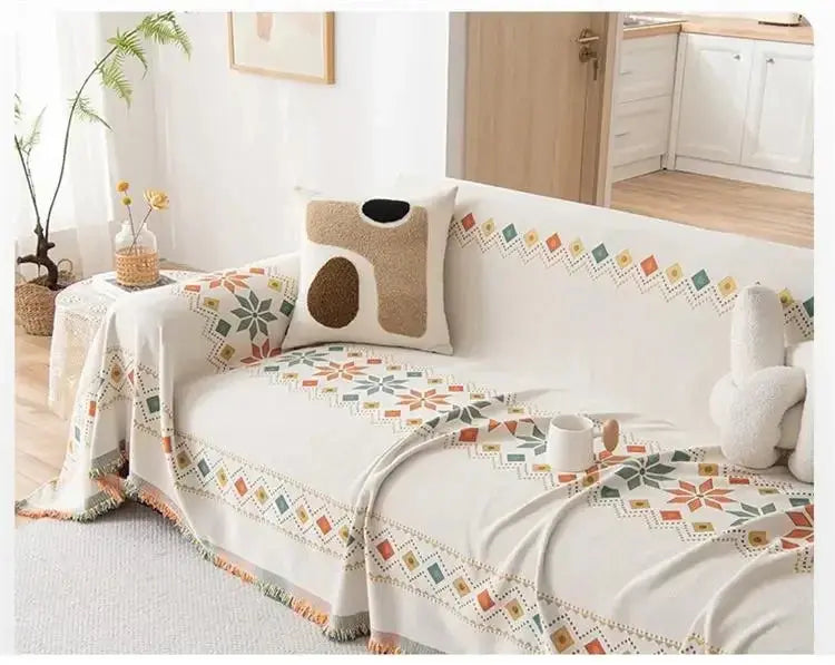 Capa de Sofá Decorativa Boho 100% Poliéster com Estampa Étnica e Franjas