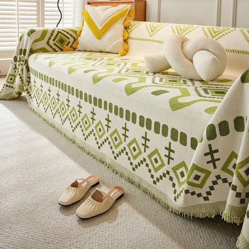 Cobertor de Sofá com Estampa Geométrica Boho e Borlas
