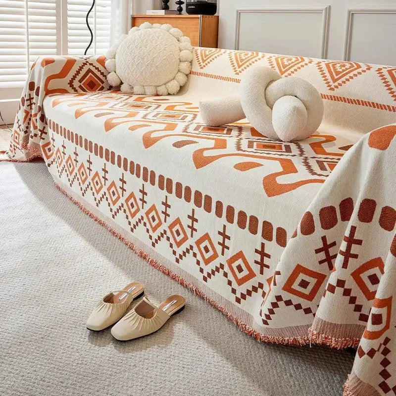 Cobertor de Sofá com Estampa Geométrica Boho e Borlas