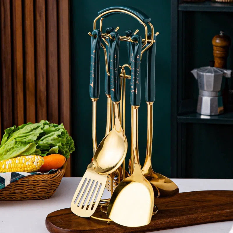 Conjunto de Utensílios em Inox e Cabo de Cerâmica Luxo - 7 Peças-Kasamô