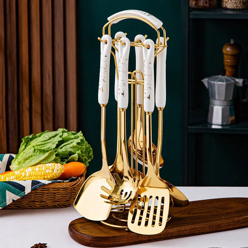 Conjunto de Utensílios em Inox e Cabo de Cerâmica Luxo - 7 Peças-Kasamô