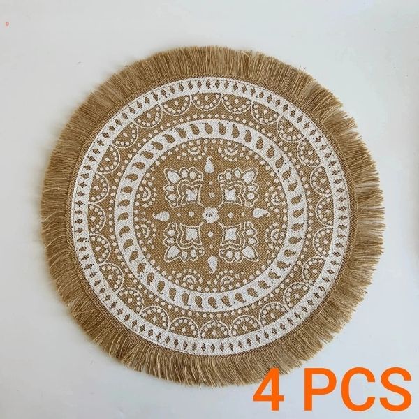 Jogo Americano Rústico com Franjas Mandala (4 peças)