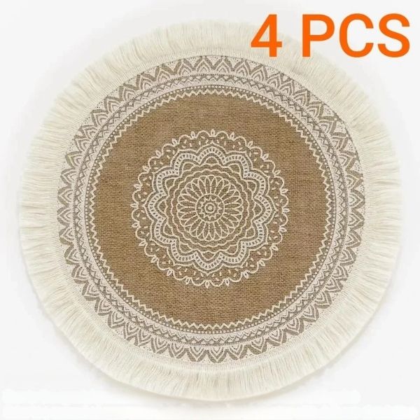 Jogo Americano Rústico com Franjas Mandala (4 peças)