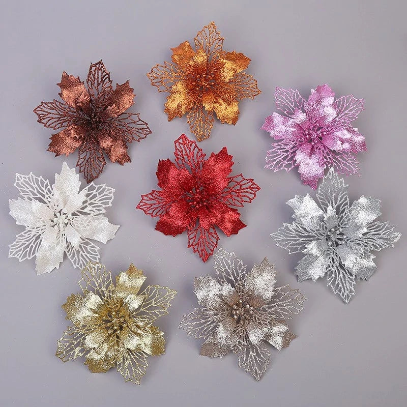 Kit com 10 Flores de Natal Glitter 8cm – Decoração para Árvore, Guirlandas e Festas Kasamô