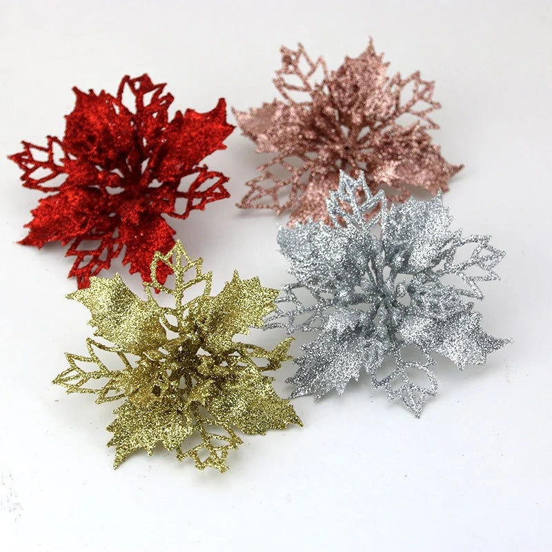 Kit com 10 Flores de Natal Glitter 8cm – Decoração para Árvore, Guirlandas e Festas Kasamô