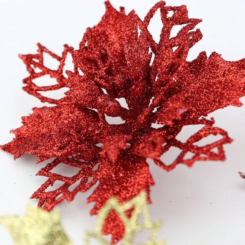 Kit com 10 Flores de Natal Glitter 8cm – Decoração para Árvore, Guirlandas e Festas Kasamô