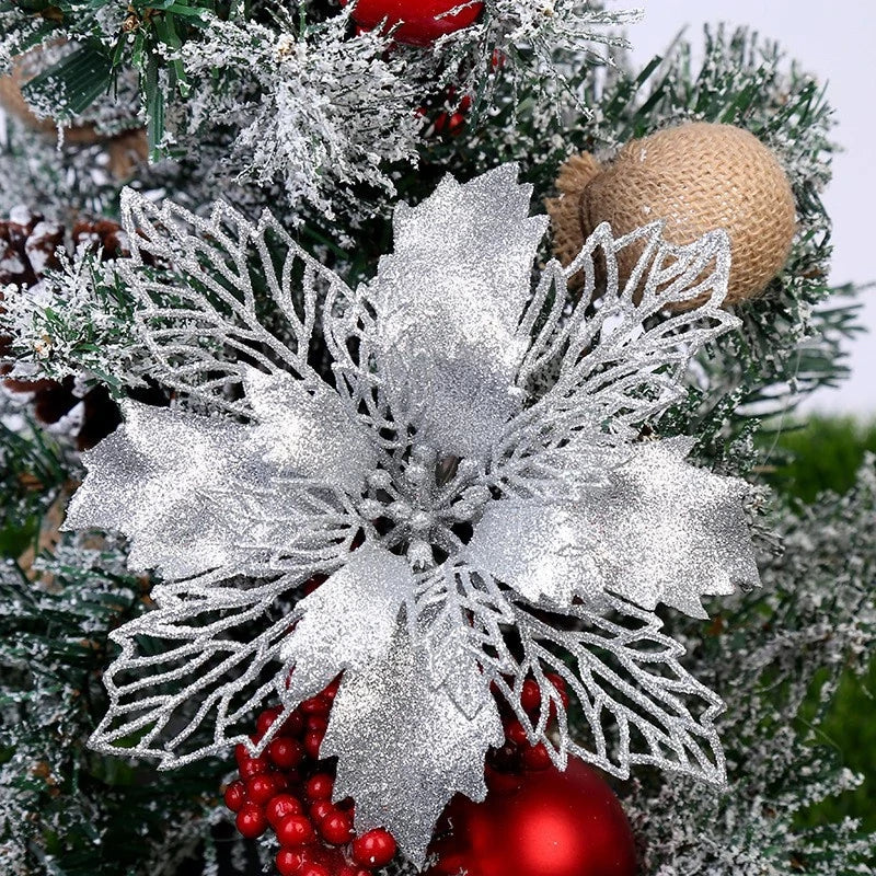 Kit com 10 Flores de Natal Glitter 8cm – Decoração para Árvore, Guirlandas e Festas Kasamô