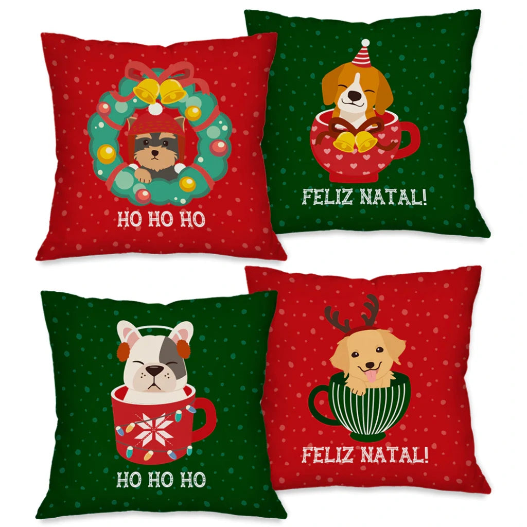 Kit com 4 Capas de Almofadas Natalinas 45x45 – Estampas Decorativas para Sofá e Sala de Estar Kasamô