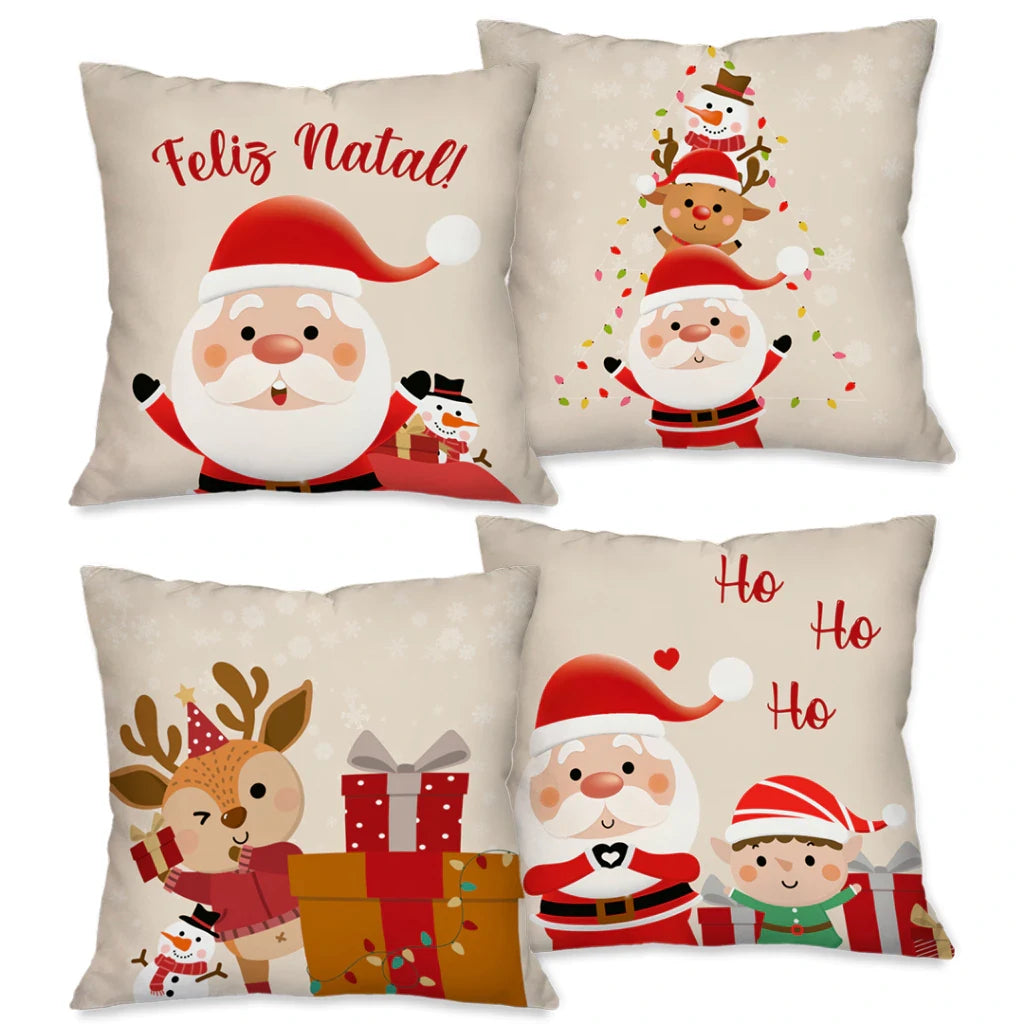 Kit com 4 Capas de Almofadas Natalinas 45x45 – Estampas Decorativas para Sofá e Sala de Estar Kasamô