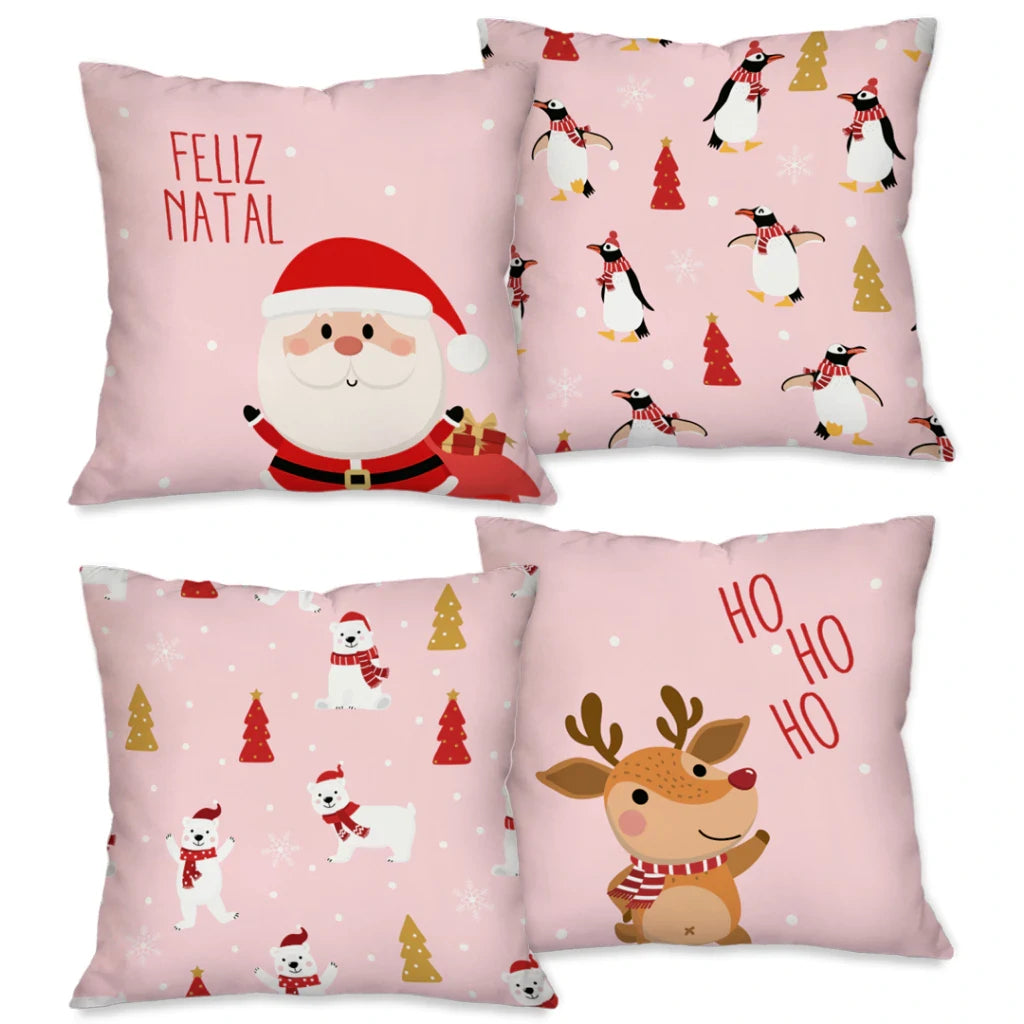 Kit com 4 Capas de Almofadas Natalinas 45x45 – Estampas Decorativas para Sofá e Sala de Estar Kasamô