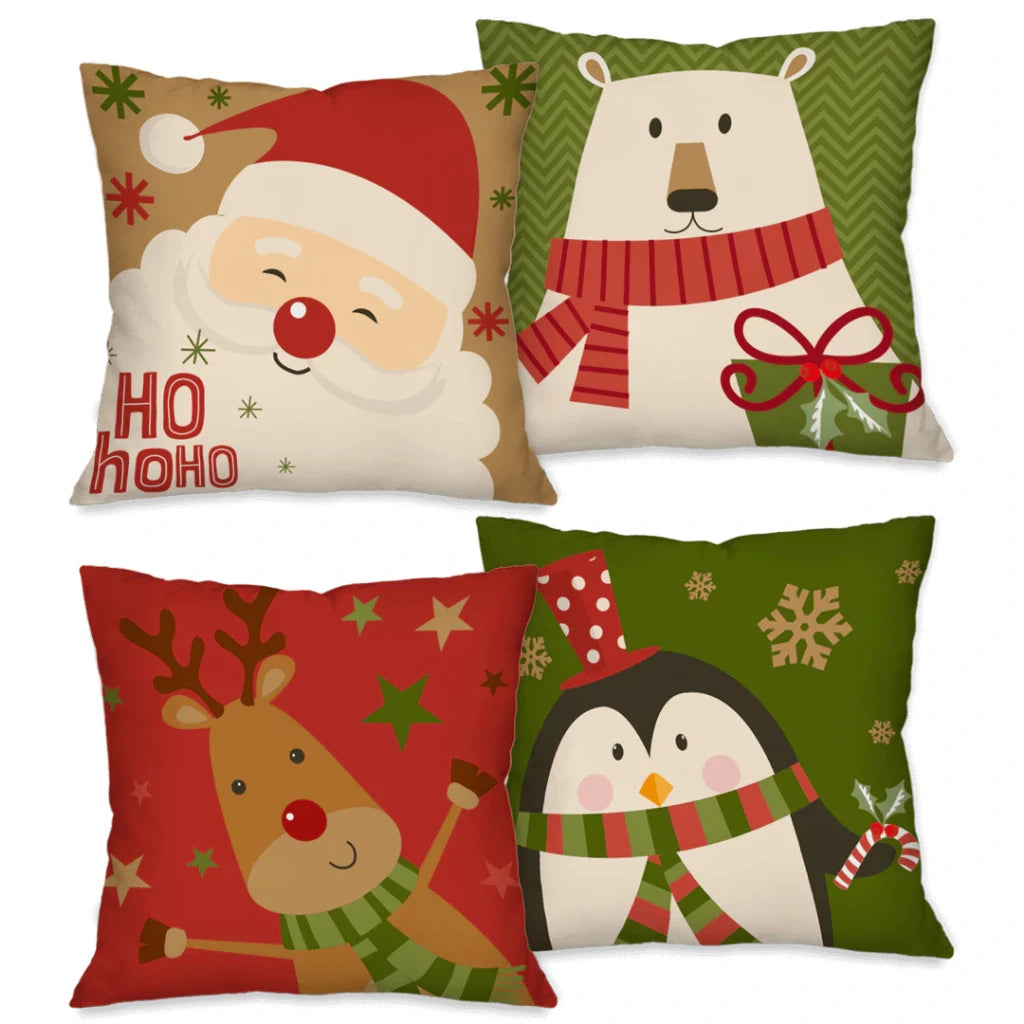 Kit com 4 Capas de Almofadas Natalinas 45x45 – Estampas Decorativas para Sofá e Sala de Estar Kasamô
