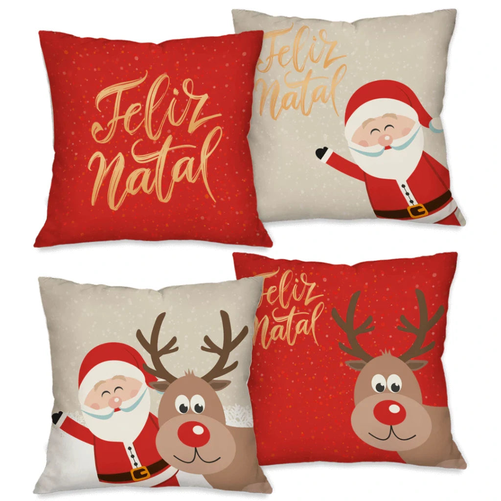Kit com 4 Capas de Almofadas Natalinas 45x45 – Estampas Decorativas para Sofá e Sala de Estar Kasamô