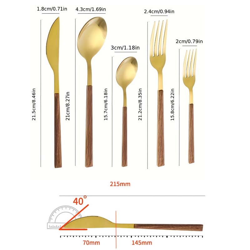 Conjunto de Talheres Com Cabo Fino Efeito Madeira - 30 Peças
