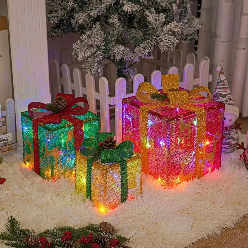 Caixa de Presente Iluminada com Laço para Decoração Natalina Kasamô