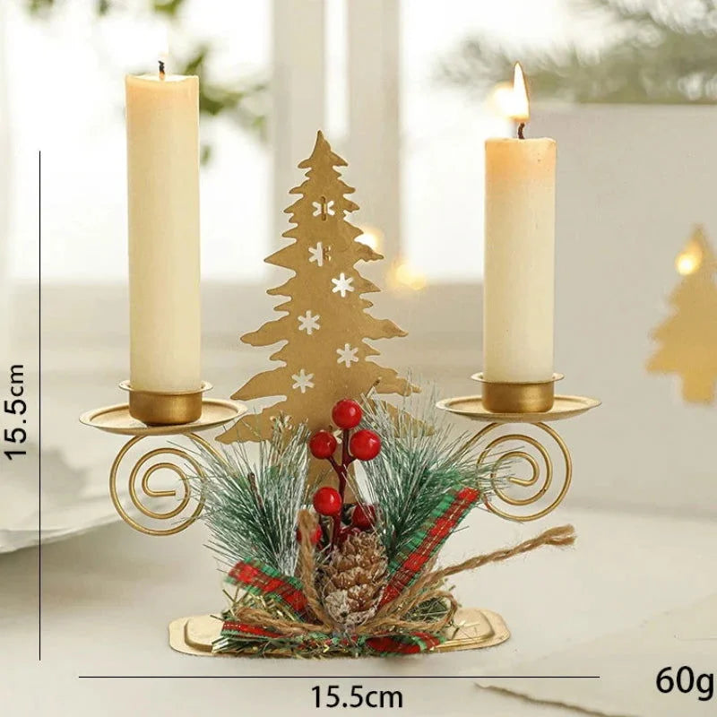 Castiçal de Ferro Dourado com Papai Noel e Rena Decoração Natal Kasamô