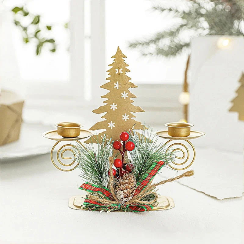 Castiçal de Ferro Dourado com Papai Noel e Rena Decoração Natal Kasamô