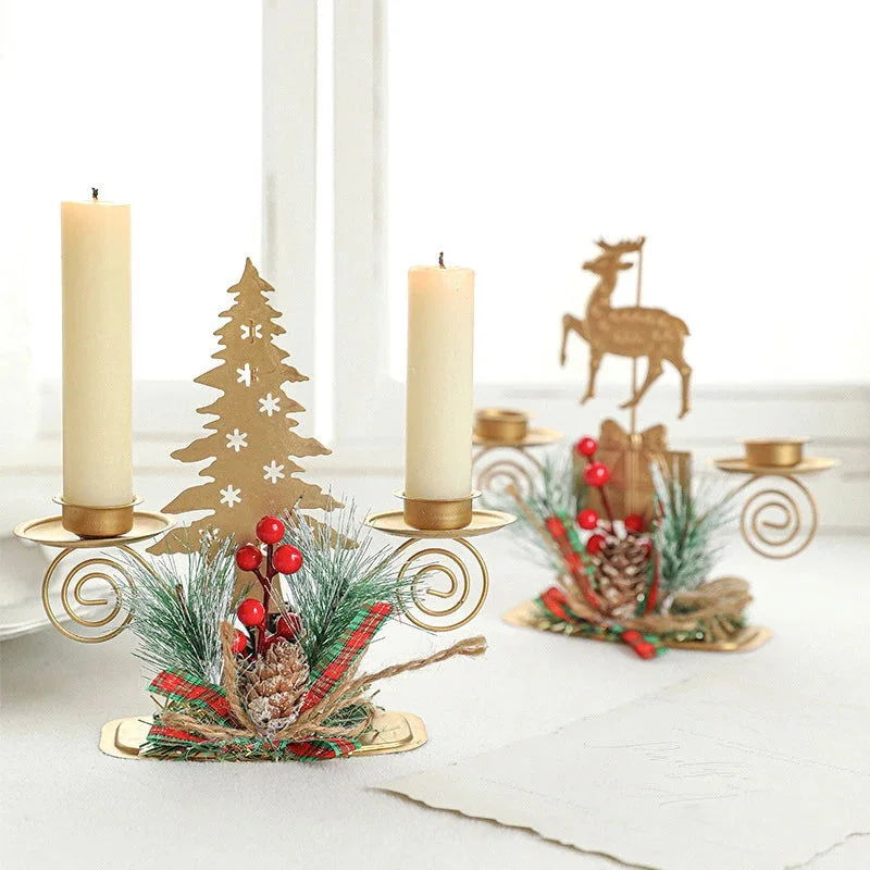 Castiçal de Ferro Dourado com Papai Noel e Rena Decoração Natal Kasamô