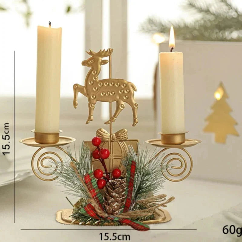 Castiçal de Ferro Dourado com Papai Noel e Rena Decoração Natal Kasamô