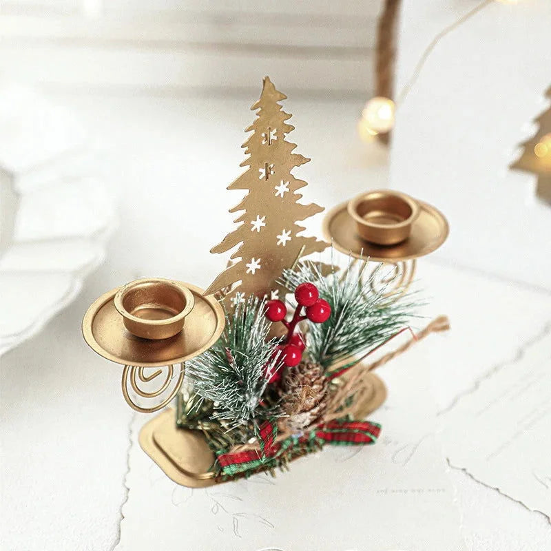 Castiçal de Ferro Dourado com Papai Noel e Rena Decoração Natal Kasamô