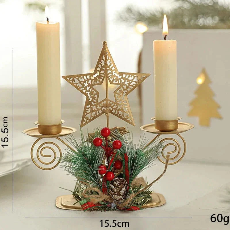 Castiçal de Ferro Dourado com Papai Noel e Rena Decoração Natal Kasamô