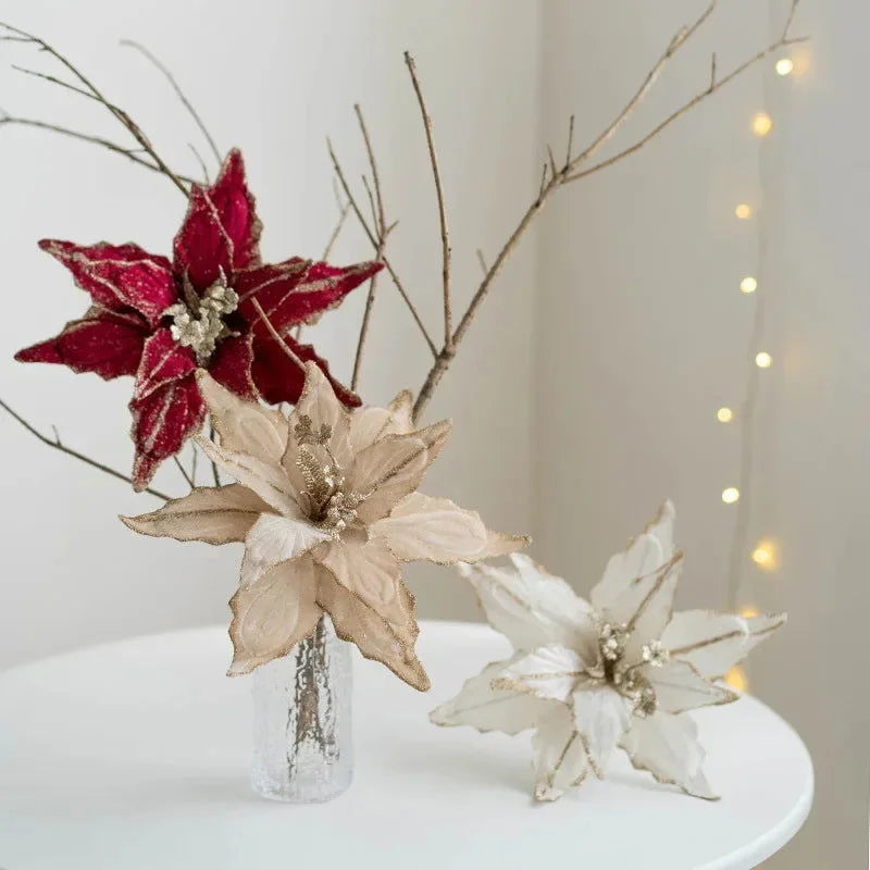 Flor Decorativa Natalina Flanela Dourada para Arranjos e árvore Kasamô