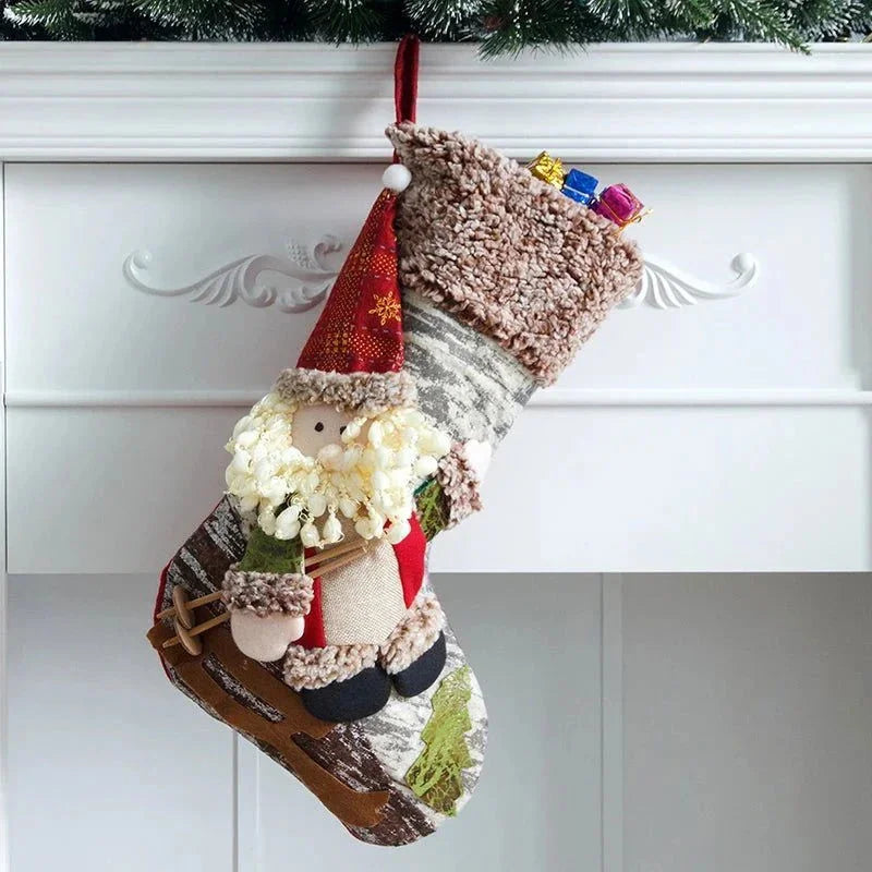 Meia Natalina Decorativa de Cânhamo e Flanela para Lareira 48cm Kasamô