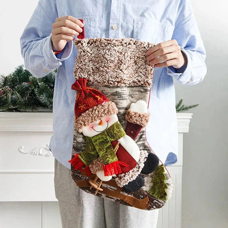 Meia Natalina Decorativa de Cânhamo e Flanela para Lareira 48cm Kasamô