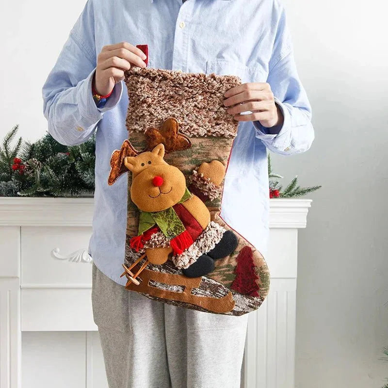 Meia Natalina Decorativa de Cânhamo e Flanela para Lareira 48cm Kasamô