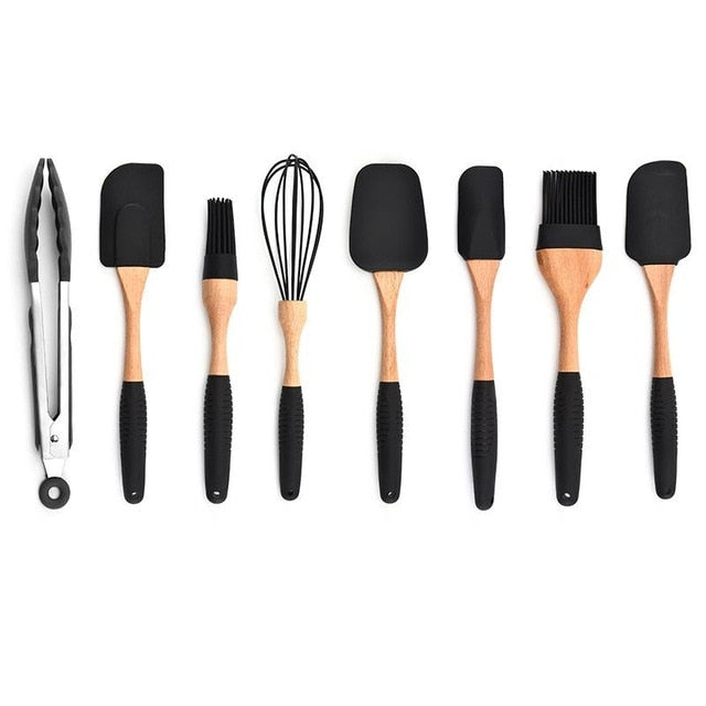 Kit Cozinha em Silicone e Madeira de Carvalho - 11 Peças