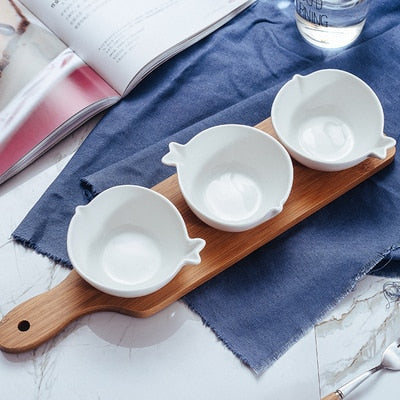 Conjunto de Petisqueiras de Porcelana em Mini Tábua de Bambu