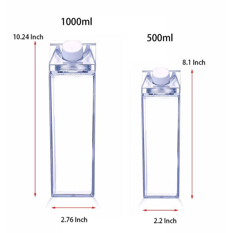 Garrafa Transparente com Design de Caixa de Leite - 500ml ou 1000ml